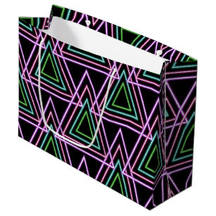 Farbige Retro-Neon-Geometrie-Dreiecke in Schwarz a Große Geschenktüte