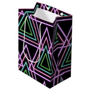 Farbige Retro-Neon-Geometrie-Dreiecke in Schwarz a Mittlere Geschenktüte