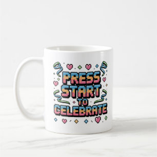 Farbige Retro Pixel Press Start Gamer Feier Kaffeetasse