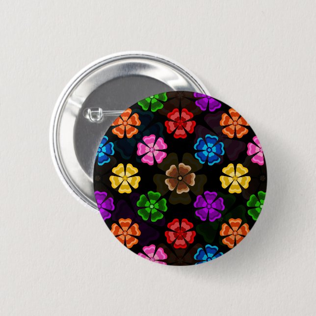 Farbige Retro-Regenbogen-Blumen-Design Schwarz  Button (Vorne & Hinten)