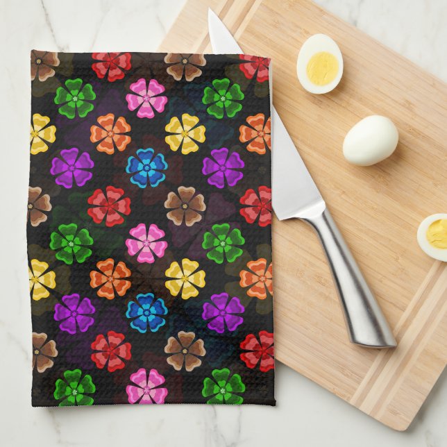 Farbige Retro-Regenbogen-Blumen-Design Schwarz  Geschirrtuch (Viertel Falte)