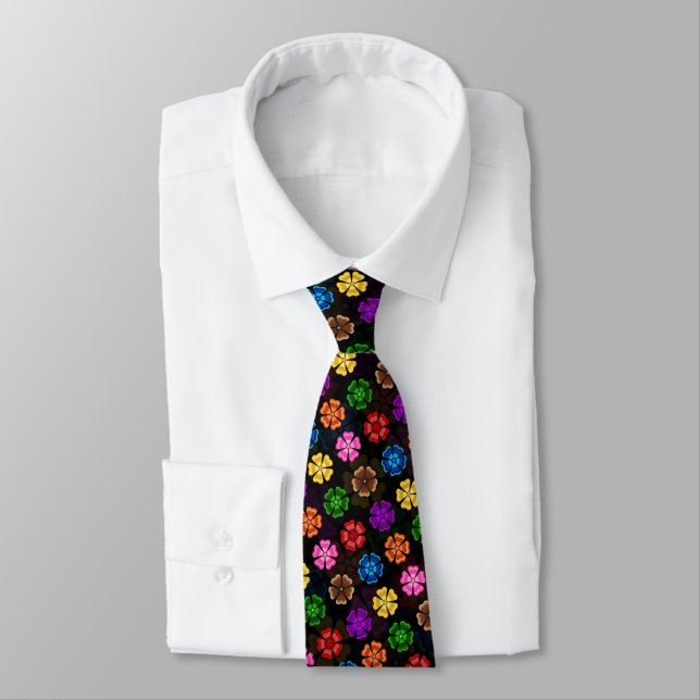 Farbige Retro-Regenbogen-Blumen-Design Schwarz  Krawatte (Gebunden)