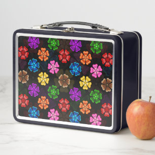 Farbige Retro-Regenbogen-Blumen-Design Schwarz Metall Brotdose