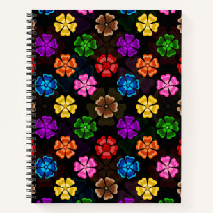 Farbige Retro-Regenbogen-Blumen-Design Schwarz Notizbuch