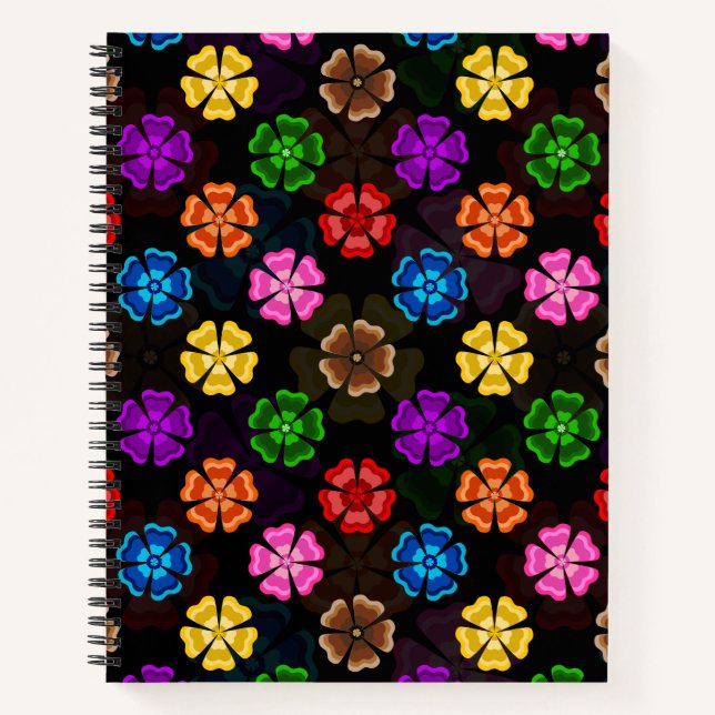 Farbige Retro-Regenbogen-Blumen-Design Schwarz  Notizbuch (Vorderseite)