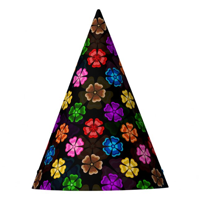 Farbige Retro-Regenbogen-Blumen-Design Schwarz  Partyhütchen (Vorderseite)