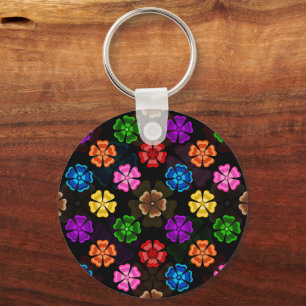 Farbige Retro-Regenbogen-Blumen-Design Schwarz  Schlüsselanhänger