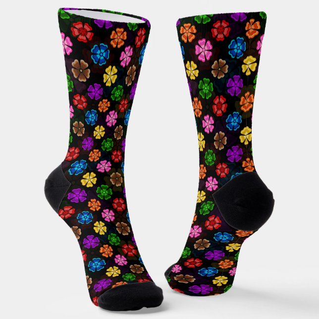 Farbige Retro-Regenbogen-Blumen-Design Schwarz  Socken (Gewinkelt)