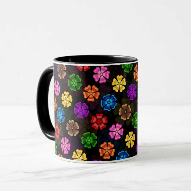 Farbige Retro-Regenbogen-Blumen-Design Schwarz  Tasse (Vorderseite Links)