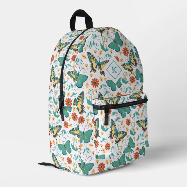 Farbige Retro-Schmetterlinge und Blume Bedruckter Rucksack (Rückseitige Ecke links)