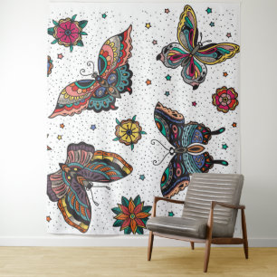 Farbige Retro-Schmetterlinge und Blume Wandteppich
