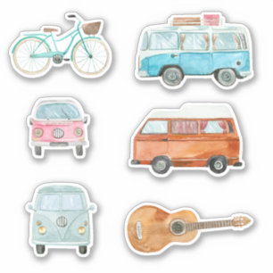 Farbige Retro Wasserfarbe Van Bicycle Gitarre Aufkleber
