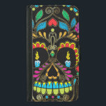 Farbige Retro-Zucker-Schädel-Glitzer-Akzente Samsung Galaxy S5 Geldbeutel Hülle<br><div class="desc">Coole Retro-Blumenzucker Schädel Glitzer Textur mit goldenen Farbakzente mit brennenden Kerzen für Augen. Schwarzer Hintergrund</div>