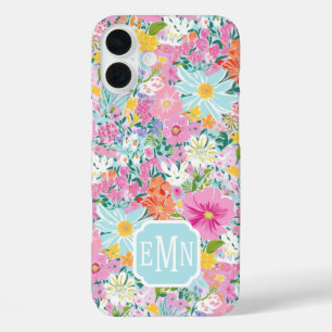 Farbige rosa Garten-Monogramm iPhone 16 Plus Hülle