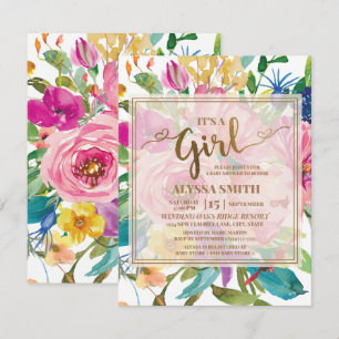 Farbige rosa gelbe Blumen-Script Baby Shower Einladung