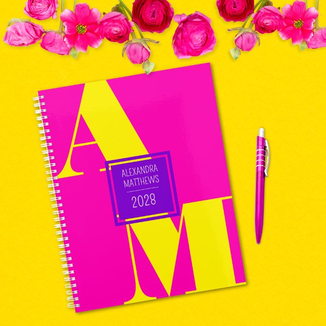 Farbige Rosa und gelbe Monogramm Planer (Cute and Colorful Custom Monogram and Name Planner.)