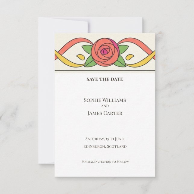 Farbige Rose Art Deco Save The Date (Vorderseite)