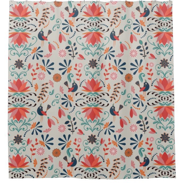 Farbige rote Blütenvögel Folkloremuster Duschvorhang (Vorderseite)