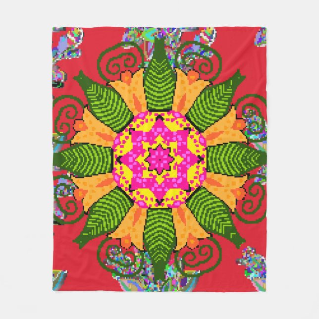 Farbige runde Blumenmandala auf einem roten, grüne Fleecedecke (Vorderseite)
