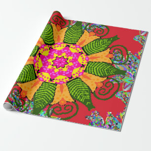 Farbige runde Blumenmandala auf einem roten, grüne Geschenkpapier