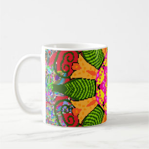 Farbige runde Blumenmandala auf einem roten, grüne Kaffeetasse