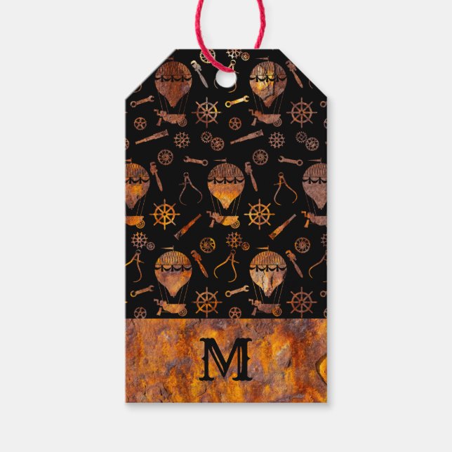 Farbige Rusty Steampunk Balloons Monogram Geschenkanhänger (Vorderseite)