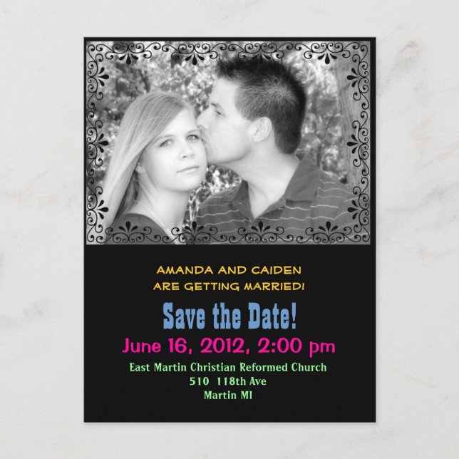 Farbige "Save the Date" Postkarte (Vorderseite)