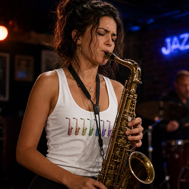 Farbige Saxophon-Aufstellung Design Tank Top (A tank top with a rainbow line up of alto saxophones.)