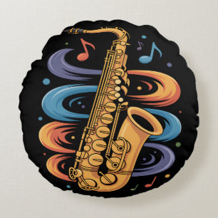 Farbige Saxophon-Musik-Flow-Jazz-Instrument Rundes Kissen