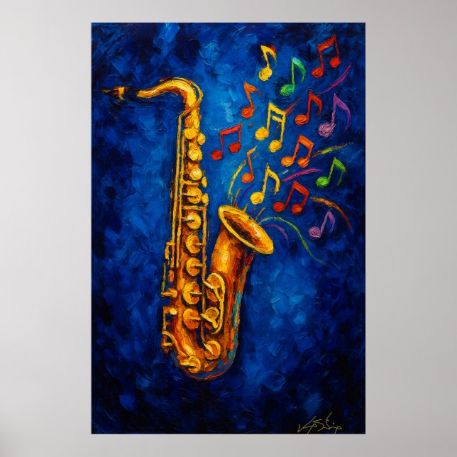 Farbige Saxophon-Musiknoten Poster (Vorne)