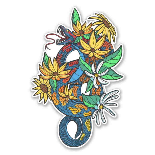 Farbige Schlangen mit Blume Aufkleber (Vorderseite)