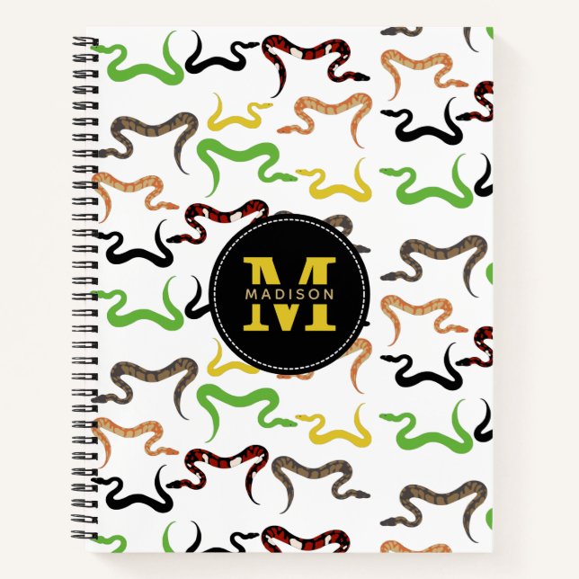 Farbige Schlangen Python Reptile Muster Monogram Notizbuch (Vorderseite)
