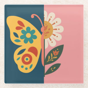 Farbige Schmetterling- und Blumen-Design Glasuntersetzer