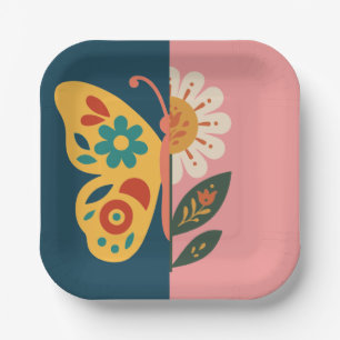 Farbige Schmetterling- und Blumen-Design Pappteller