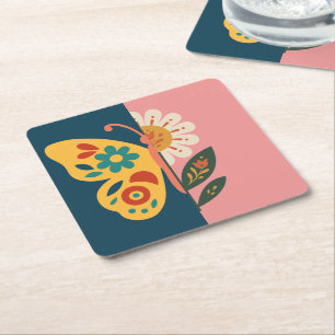 Farbige Schmetterling- und Blumen-Design Rechteckiger Pappuntersetzer