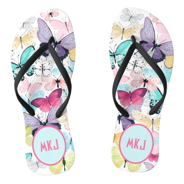Farbige Schmetterlingsblume Rosa, Blau, Lila Monog Flip Flops (Fußbett)
