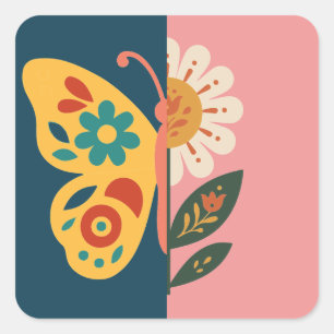 Farbige Schmetterlingsdekoration mit floralen Elem Quadratischer Aufkleber