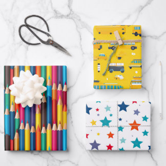 Farbige Schulbusse der Pencil School - bunte Stern Geschenkpapier Set