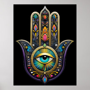 Farbige schwarze Gold Hamsa mit Türkis drittem Aug Poster