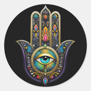 Farbige schwarze Gold Hamsa mit Türkis drittem Aug Runder Aufkleber
