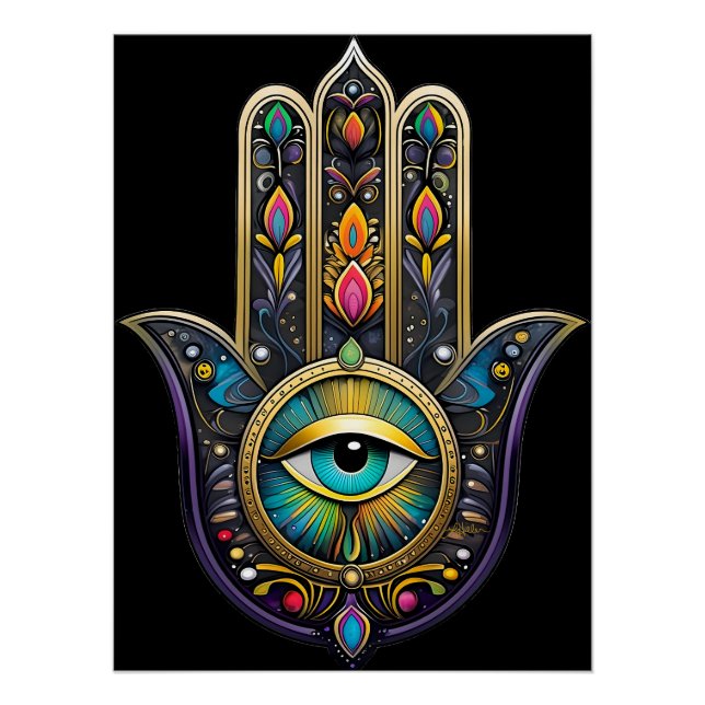 Farbige schwarze Gold Hamsa mit Turquoise Drittem  Poster (Vorderseite)