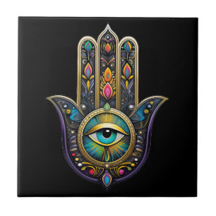 Farbige schwarze Gold Hamsa mit Turquoise Drittes  Fliese