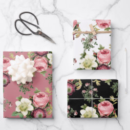 Farbige, schwarze und weiße Vintage Rose Blumenmus Geschenkpapier Set