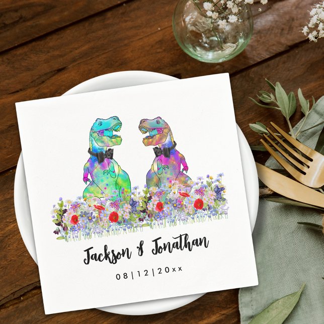 Farbige schwule Dinosaurier-Hochzeit T-Rex Zwei Br Serviette (Colorful dinosaur gay wedding custom napkins T-Rex dino 2 grooms watercolor wildflowers)