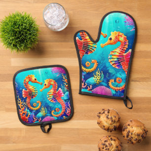Farbige Seepferdchen-Paar-Design Ofenhandschuh & Topflappen-Set