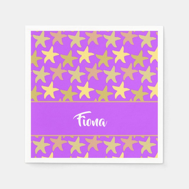 Farbige Seesterne auf lila Serviette (Vorderseite)