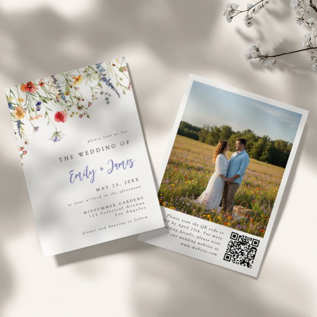 Farbige Sommerblumen QR-Code Foto-Hochzeit Einladung (Von Creator hochgeladen)