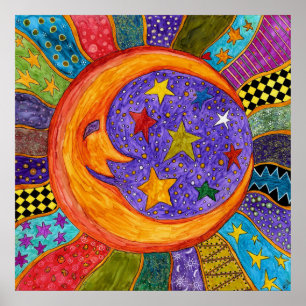 Farbige Sonne, Mond und Sterne Poster 24" x 24"