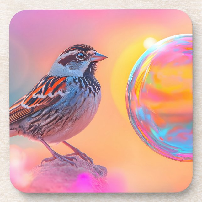 Farbige Sparrow und Regenbogenblase Getränkeuntersetzer (Vorderseite)