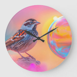 Farbige Sparrow und Regenbogenblase Große Wanduhr